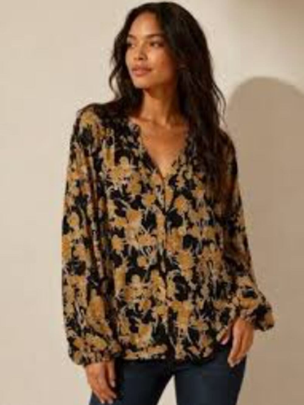 BISHOP + YOUNG black yellow gold silky long sleeve floral vneck blouse top